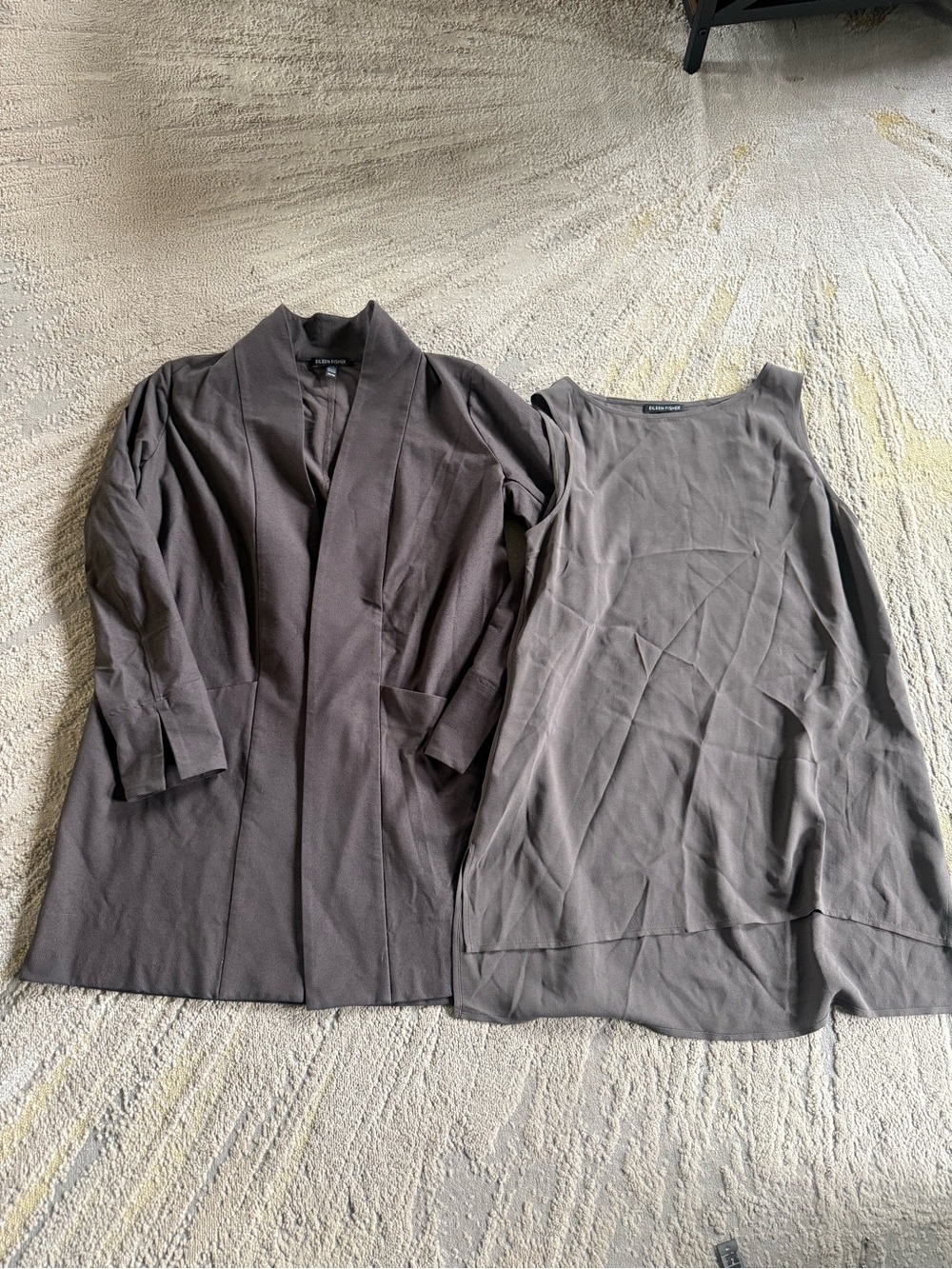 Eileen Fisher open front cardigan silk tank set lagenlook brown taupe small